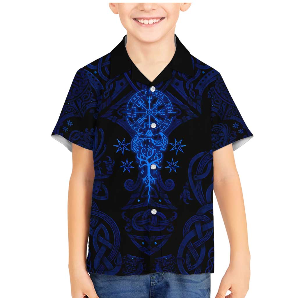 Vikings Skull Family Matching Mermaid Dress and Hawaiian Shirt with Horned Helmet, Blue Axes and Runes Norse Warrior Tribute - Wonder Print Shop