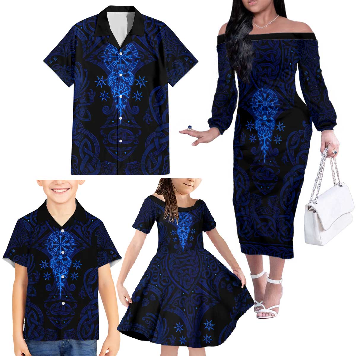 Vikings Skull Family Matching Off The Shoulder Long Sleeve Dress and Hawaiian Shirt with Horned Helmet, Blue Axes and Runes Norse Warrior Tribute - Wonder Print Shop