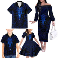 Vikings Skull Family Matching Off The Shoulder Long Sleeve Dress and Hawaiian Shirt with Horned Helmet, Blue Axes and Runes Norse Warrior Tribute - Wonder Print Shop