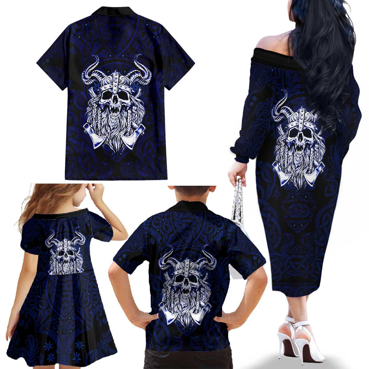 Vikings Skull Family Matching Off The Shoulder Long Sleeve Dress and Hawaiian Shirt with Horned Helmet, Blue Axes and Runes Norse Warrior Tribute - Wonder Print Shop