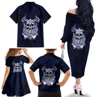 Vikings Skull Family Matching Off The Shoulder Long Sleeve Dress and Hawaiian Shirt with Horned Helmet, Blue Axes and Runes Norse Warrior Tribute - Wonder Print Shop