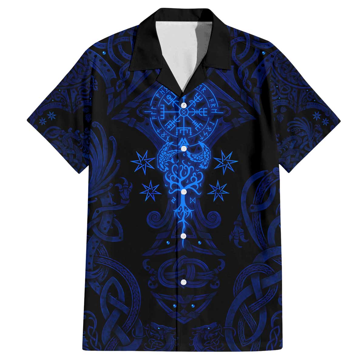Vikings Skull Family Matching Off The Shoulder Long Sleeve Dress and Hawaiian Shirt with Horned Helmet, Blue Axes and Runes Norse Warrior Tribute - Wonder Print Shop