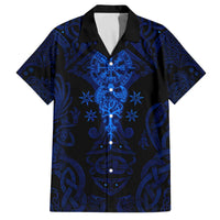 Vikings Skull Family Matching Off The Shoulder Long Sleeve Dress and Hawaiian Shirt with Horned Helmet, Blue Axes and Runes Norse Warrior Tribute - Wonder Print Shop
