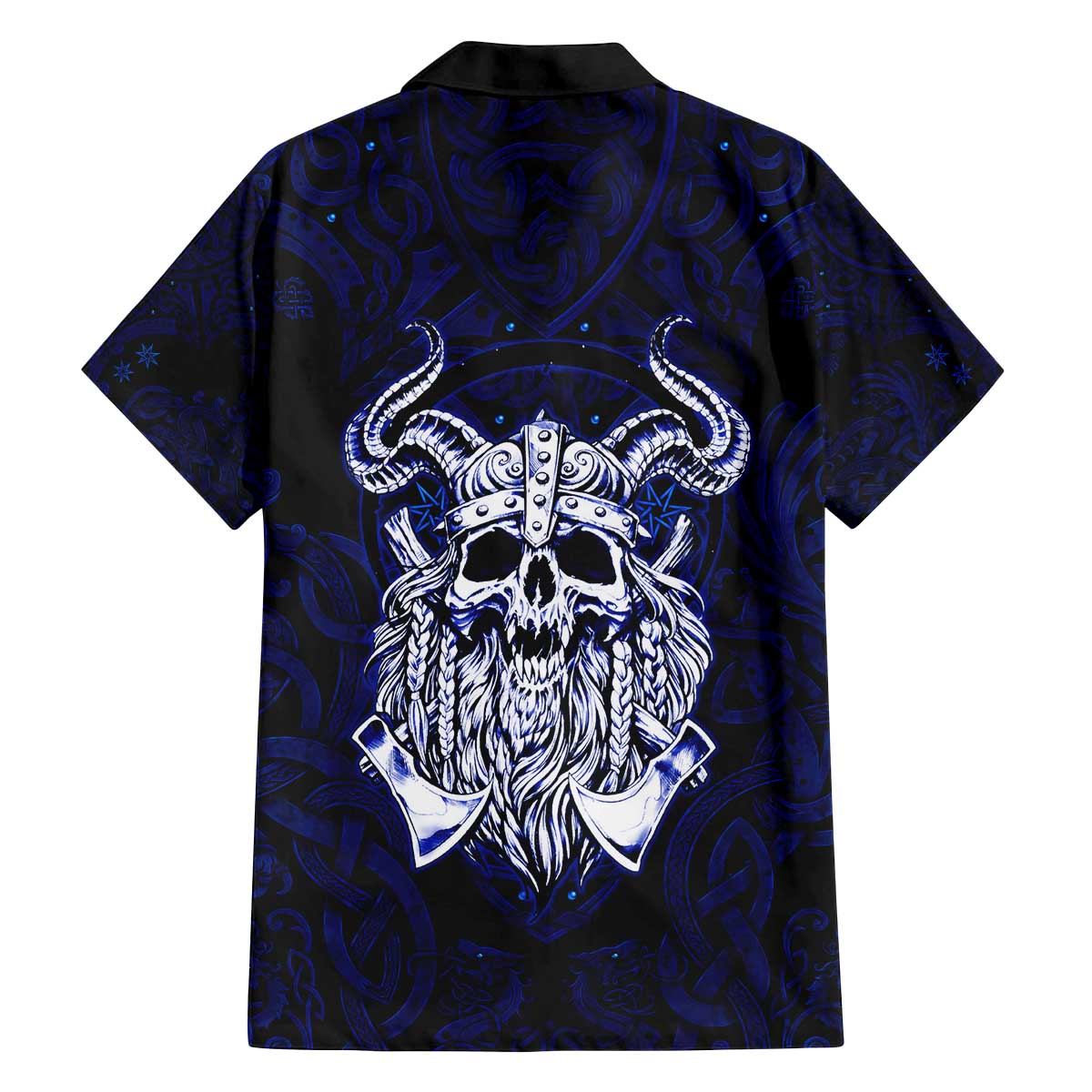 Vikings Skull Family Matching Off The Shoulder Long Sleeve Dress and Hawaiian Shirt with Horned Helmet, Blue Axes and Runes Norse Warrior Tribute - Wonder Print Shop