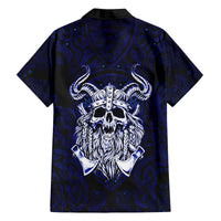 Vikings Skull Family Matching Off The Shoulder Long Sleeve Dress and Hawaiian Shirt with Horned Helmet, Blue Axes and Runes Norse Warrior Tribute - Wonder Print Shop