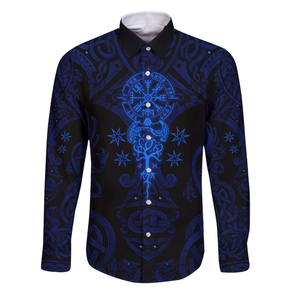 Vikings Skull Family Matching Off The Shoulder Long Sleeve Dress and Hawaiian Shirt with Horned Helmet, Blue Axes and Runes Norse Warrior Tribute - Wonder Print Shop