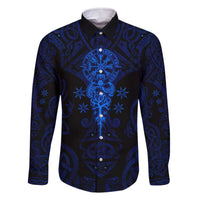Vikings Skull Family Matching Off The Shoulder Long Sleeve Dress and Hawaiian Shirt with Horned Helmet, Blue Axes and Runes Norse Warrior Tribute - Wonder Print Shop