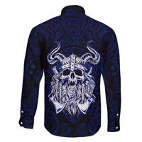 Vikings Skull Family Matching Off The Shoulder Long Sleeve Dress and Hawaiian Shirt with Horned Helmet, Blue Axes and Runes Norse Warrior Tribute - Wonder Print Shop