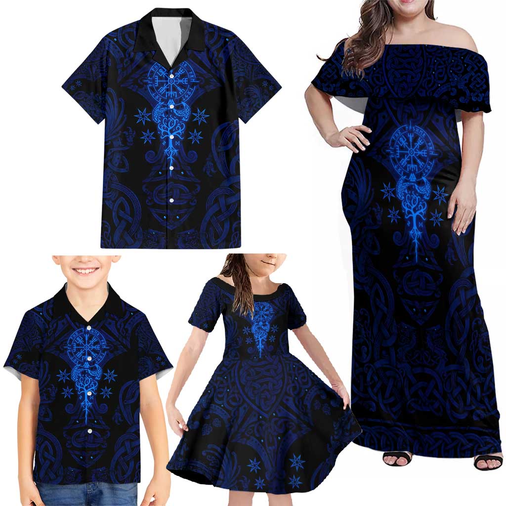 Vikings Skull Family Matching Off Shoulder Maxi Dress and Hawaiian Shirt with Horned Helmet, Blue Axes and Runes Norse Warrior Tribute - Wonder Print Shop
