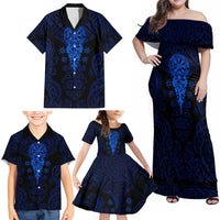 Vikings Skull Family Matching Off Shoulder Maxi Dress and Hawaiian Shirt with Horned Helmet, Blue Axes and Runes Norse Warrior Tribute - Wonder Print Shop