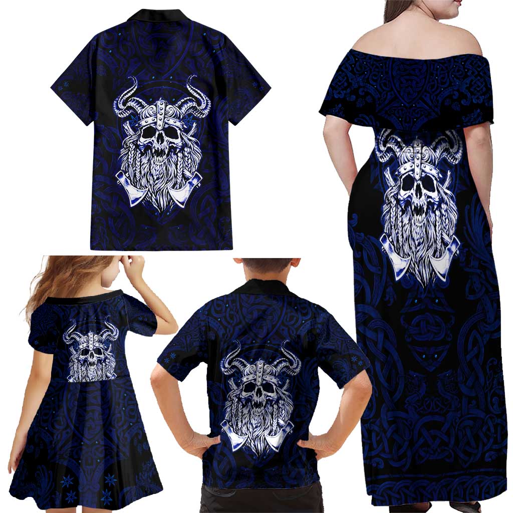 Vikings Skull Family Matching Off Shoulder Maxi Dress and Hawaiian Shirt with Horned Helmet, Blue Axes and Runes Norse Warrior Tribute - Wonder Print Shop