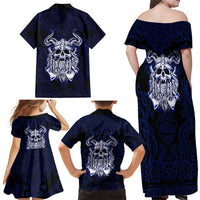 Vikings Skull Family Matching Off Shoulder Maxi Dress and Hawaiian Shirt with Horned Helmet, Blue Axes and Runes Norse Warrior Tribute - Wonder Print Shop