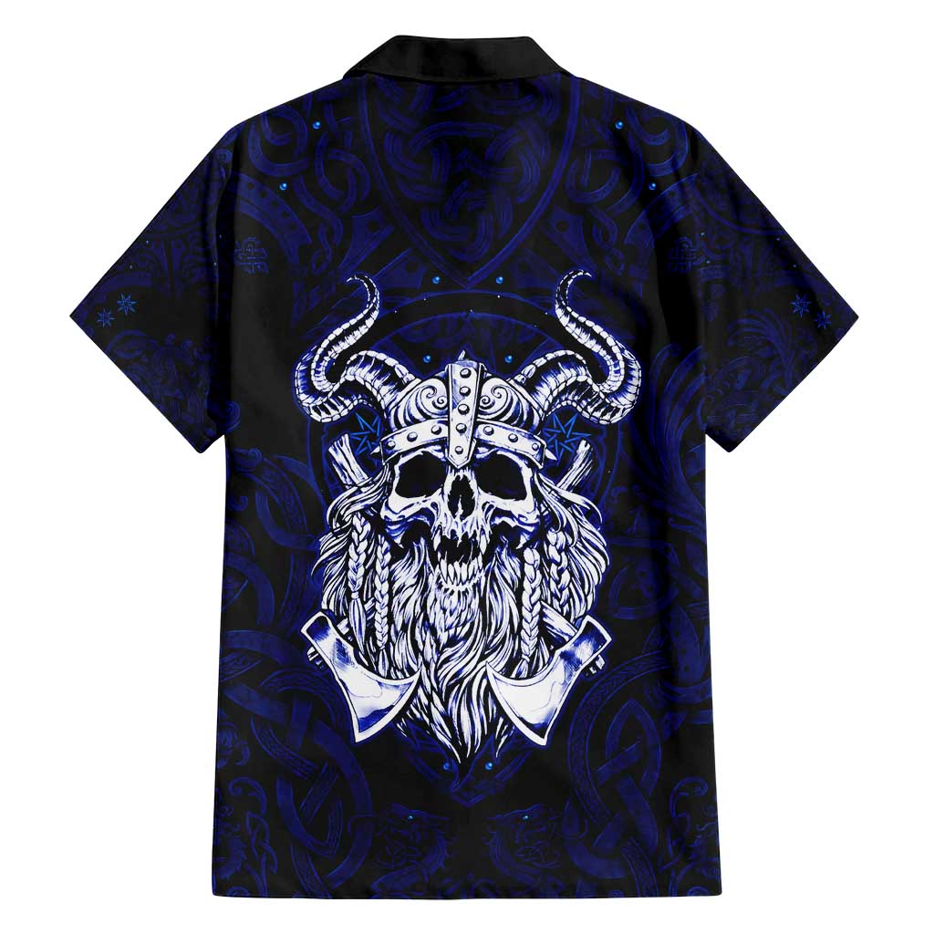 Vikings Skull Family Matching Off Shoulder Maxi Dress and Hawaiian Shirt with Horned Helmet, Blue Axes and Runes Norse Warrior Tribute - Wonder Print Shop