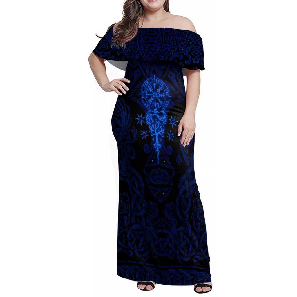 Vikings Skull Family Matching Off Shoulder Maxi Dress and Hawaiian Shirt with Horned Helmet, Blue Axes and Runes Norse Warrior Tribute - Wonder Print Shop