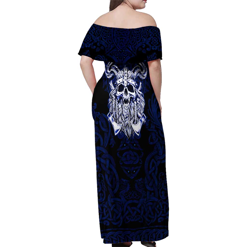 Vikings Skull Family Matching Off Shoulder Maxi Dress and Hawaiian Shirt with Horned Helmet, Blue Axes and Runes Norse Warrior Tribute - Wonder Print Shop