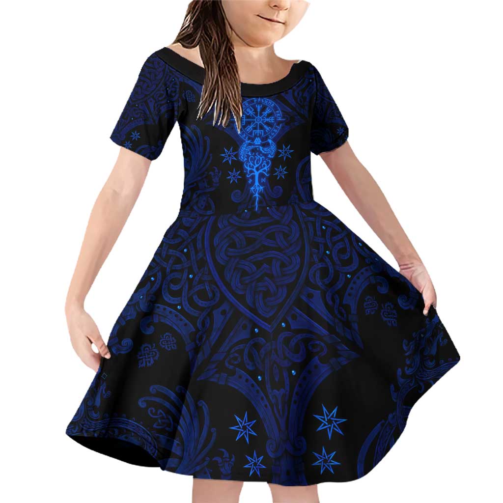 Vikings Skull Family Matching Off Shoulder Short Dress and Hawaiian Shirt with Horned Helmet, Blue Axes and Runes Norse Warrior Tribute - Wonder Print Shop