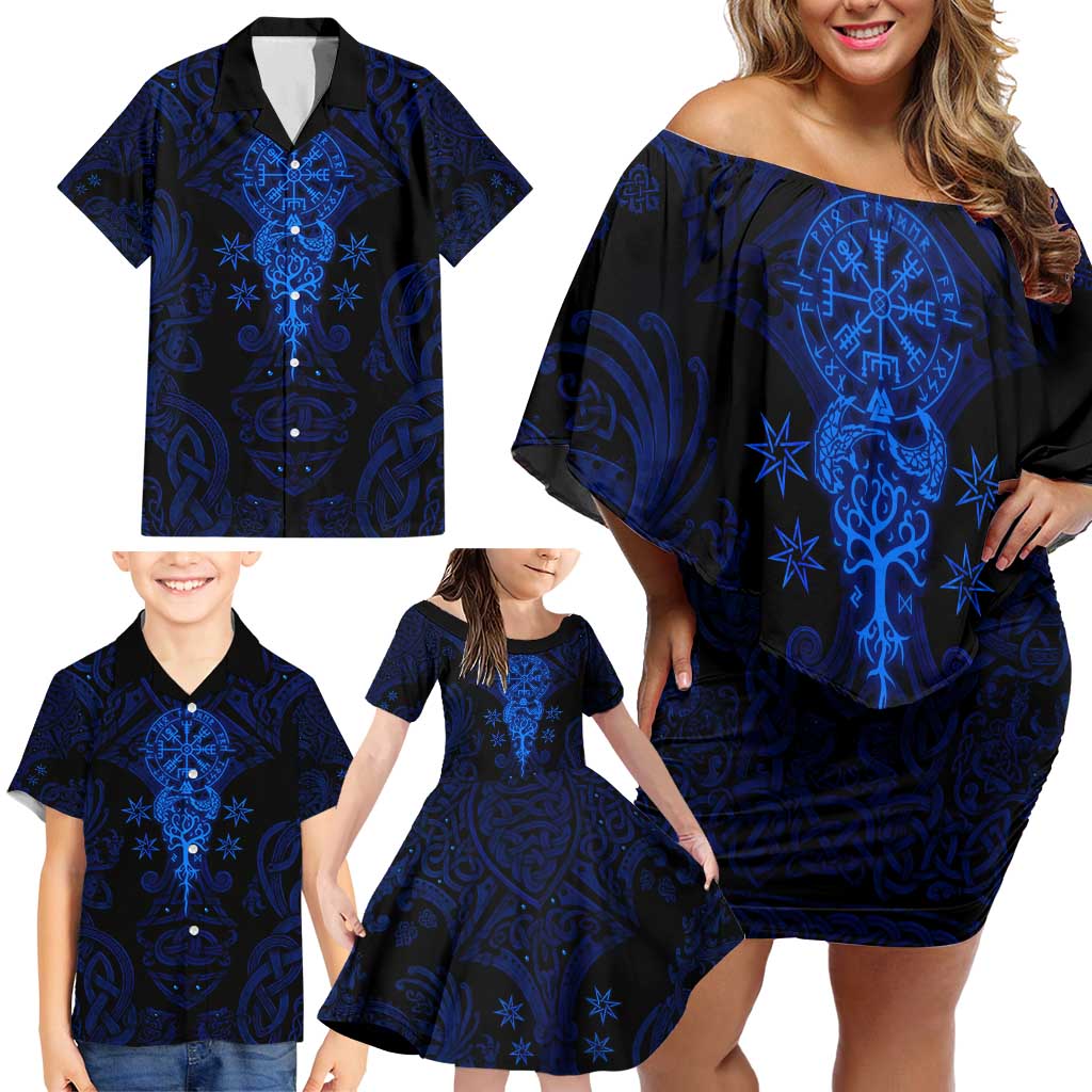 Vikings Skull Family Matching Off Shoulder Short Dress and Hawaiian Shirt with Horned Helmet, Blue Axes and Runes Norse Warrior Tribute - Wonder Print Shop