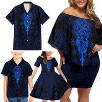 Vikings Skull Family Matching Off Shoulder Short Dress and Hawaiian Shirt with Horned Helmet, Blue Axes and Runes Norse Warrior Tribute - Wonder Print Shop