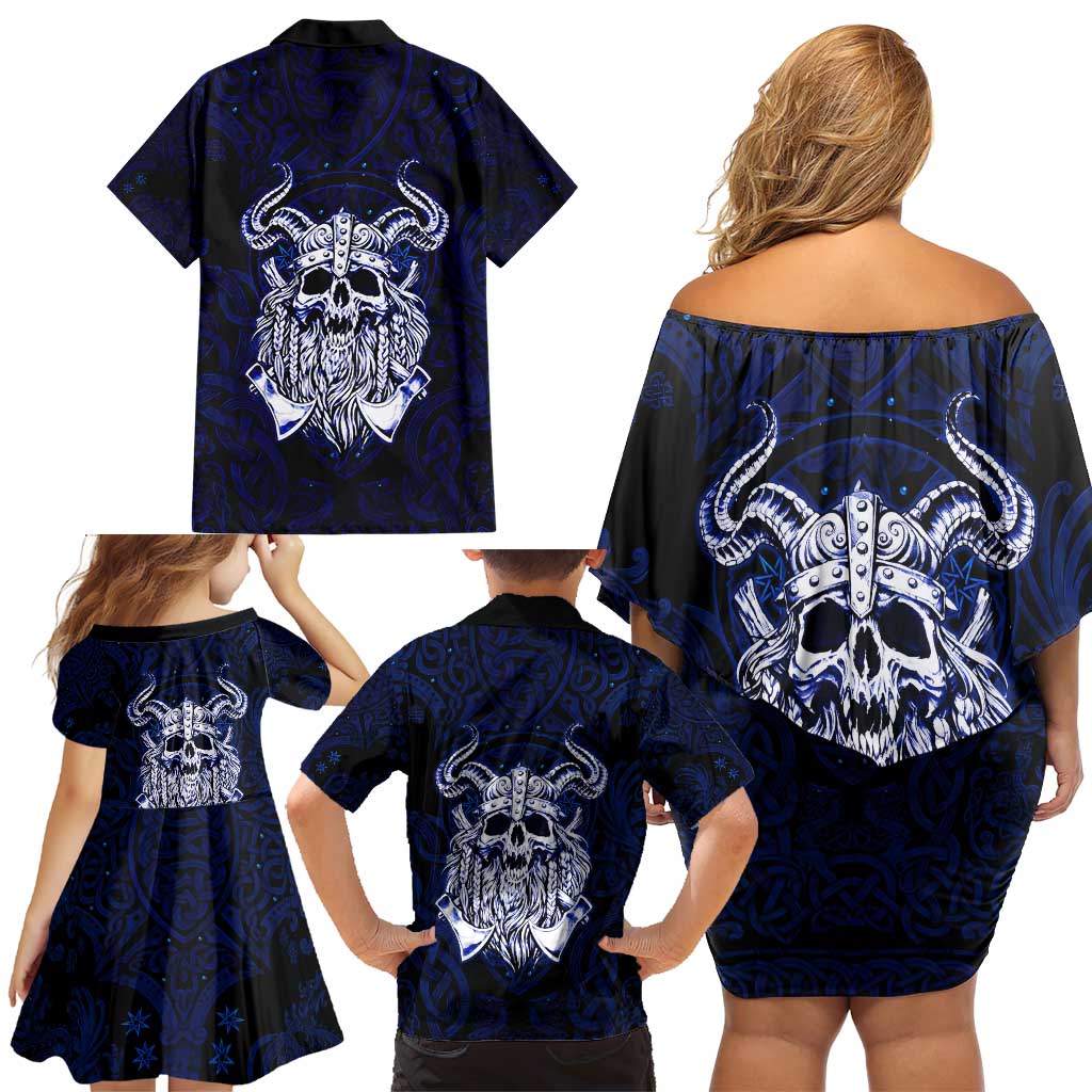 Vikings Skull Family Matching Off Shoulder Short Dress and Hawaiian Shirt with Horned Helmet, Blue Axes and Runes Norse Warrior Tribute - Wonder Print Shop