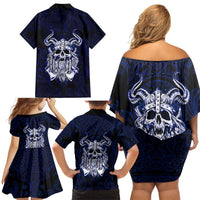 Vikings Skull Family Matching Off Shoulder Short Dress and Hawaiian Shirt with Horned Helmet, Blue Axes and Runes Norse Warrior Tribute - Wonder Print Shop