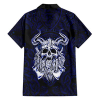 Vikings Skull Family Matching Off Shoulder Short Dress and Hawaiian Shirt with Horned Helmet, Blue Axes and Runes Norse Warrior Tribute - Wonder Print Shop