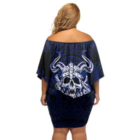 Vikings Skull Family Matching Off Shoulder Short Dress and Hawaiian Shirt with Horned Helmet, Blue Axes and Runes Norse Warrior Tribute - Wonder Print Shop