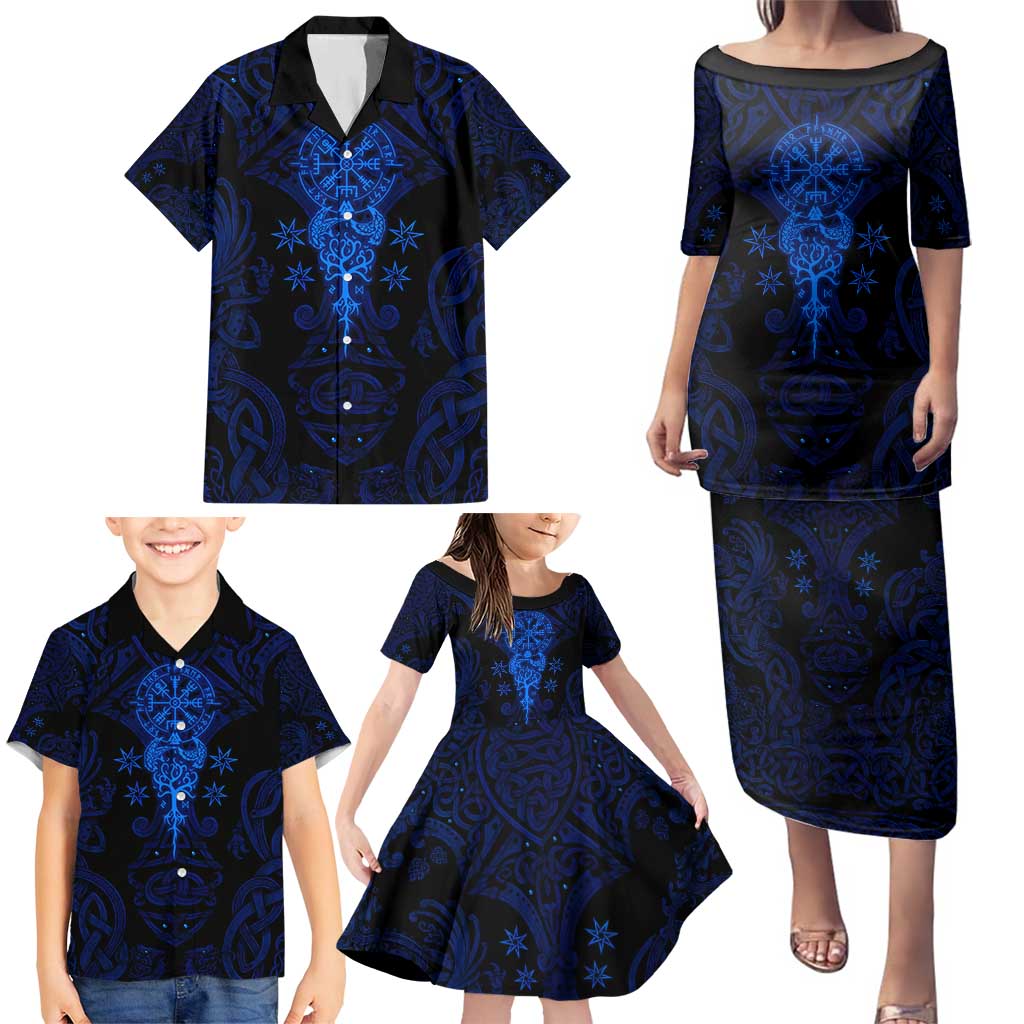 Vikings Skull Family Matching Puletasi and Hawaiian Shirt with Horned Helmet, Blue Axes and Runes Norse Warrior Tribute - Wonder Print Shop