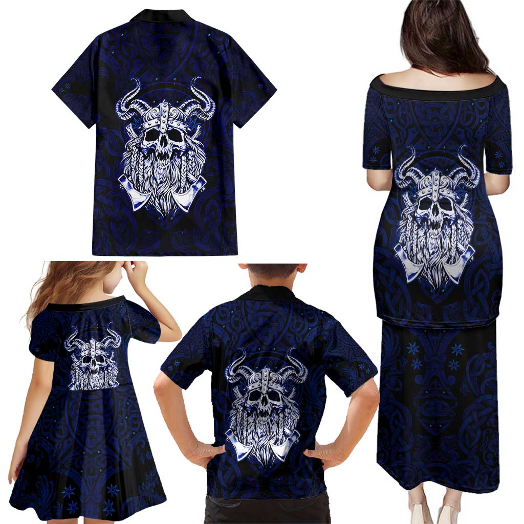 Vikings Skull Family Matching Puletasi and Hawaiian Shirt with Horned Helmet, Blue Axes and Runes Norse Warrior Tribute - Wonder Print Shop
