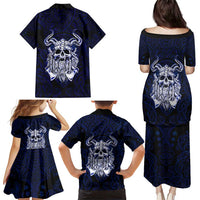 Vikings Skull Family Matching Puletasi and Hawaiian Shirt with Horned Helmet, Blue Axes and Runes Norse Warrior Tribute - Wonder Print Shop