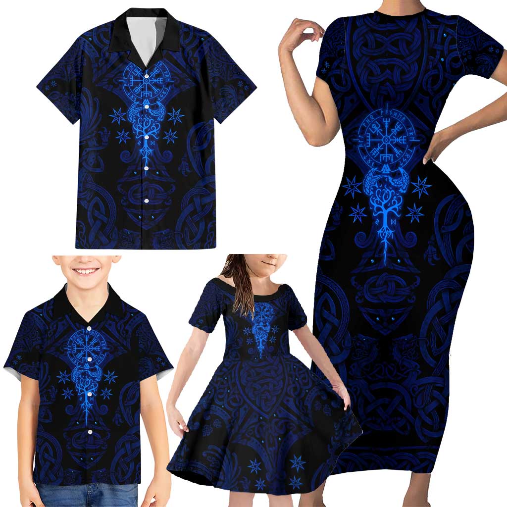 Vikings Skull Family Matching Short Sleeve Bodycon Dress and Hawaiian Shirt with Horned Helmet, Blue Axes and Runes Norse Warrior Tribute - Wonder Print Shop