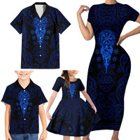 Vikings Skull Family Matching Short Sleeve Bodycon Dress and Hawaiian Shirt with Horned Helmet, Blue Axes and Runes Norse Warrior Tribute - Wonder Print Shop