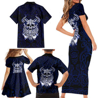 Vikings Skull Family Matching Short Sleeve Bodycon Dress and Hawaiian Shirt with Horned Helmet, Blue Axes and Runes Norse Warrior Tribute - Wonder Print Shop