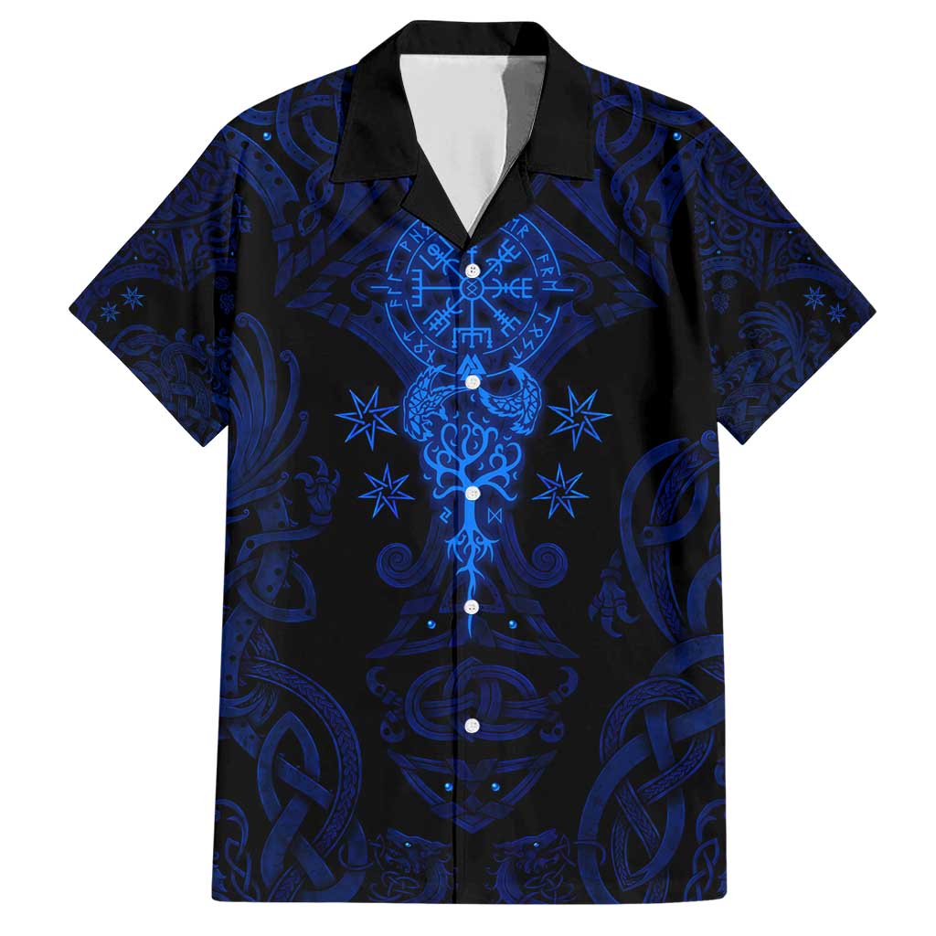 Vikings Skull Family Matching Short Sleeve Bodycon Dress and Hawaiian Shirt with Horned Helmet, Blue Axes and Runes Norse Warrior Tribute - Wonder Print Shop