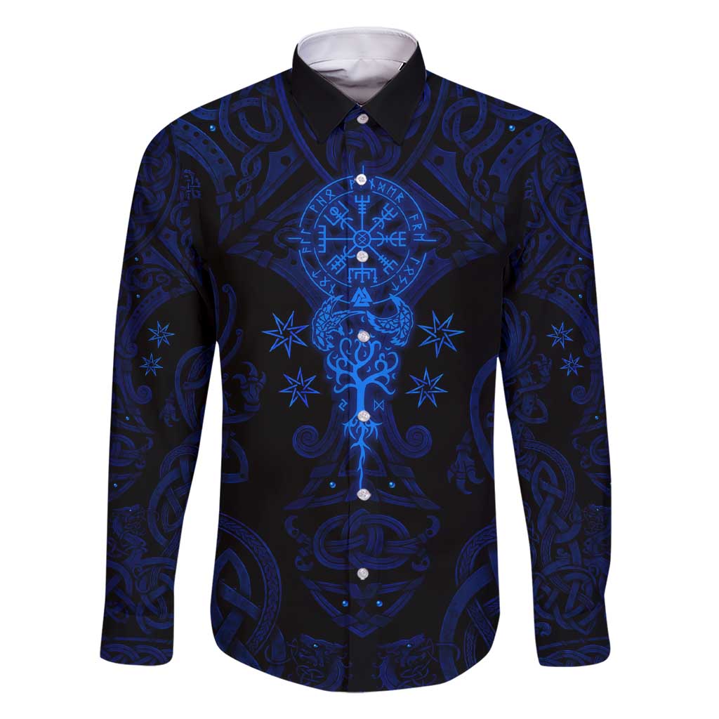 Vikings Skull Family Matching Short Sleeve Bodycon Dress and Hawaiian Shirt with Horned Helmet, Blue Axes and Runes Norse Warrior Tribute - Wonder Print Shop