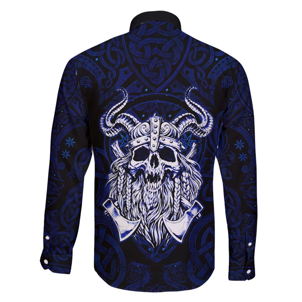 Vikings Skull Family Matching Short Sleeve Bodycon Dress and Hawaiian Shirt with Horned Helmet, Blue Axes and Runes Norse Warrior Tribute - Wonder Print Shop