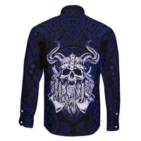 Vikings Skull Family Matching Short Sleeve Bodycon Dress and Hawaiian Shirt with Horned Helmet, Blue Axes and Runes Norse Warrior Tribute - Wonder Print Shop