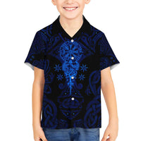Vikings Skull Family Matching Short Sleeve Bodycon Dress and Hawaiian Shirt with Horned Helmet, Blue Axes and Runes Norse Warrior Tribute - Wonder Print Shop