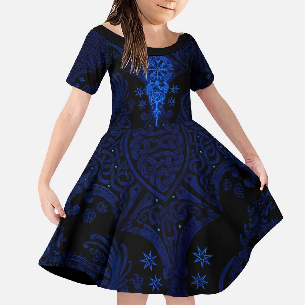 Vikings Skull Family Matching Summer Maxi Dress and Hawaiian Shirt with Horned Helmet, Blue Axes and Runes Norse Warrior Tribute - Wonder Print Shop