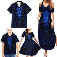 Vikings Skull Family Matching Summer Maxi Dress and Hawaiian Shirt with Horned Helmet, Blue Axes and Runes Norse Warrior Tribute - Wonder Print Shop