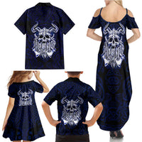 Vikings Skull Family Matching Summer Maxi Dress and Hawaiian Shirt with Horned Helmet, Blue Axes and Runes Norse Warrior Tribute - Wonder Print Shop