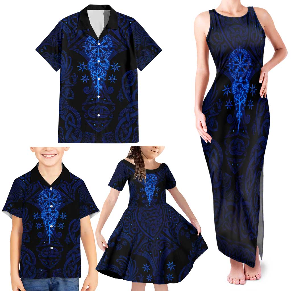 Vikings Skull Family Matching Tank Maxi Dress and Hawaiian Shirt with Horned Helmet, Blue Axes and Runes Norse Warrior Tribute - Wonder Print Shop