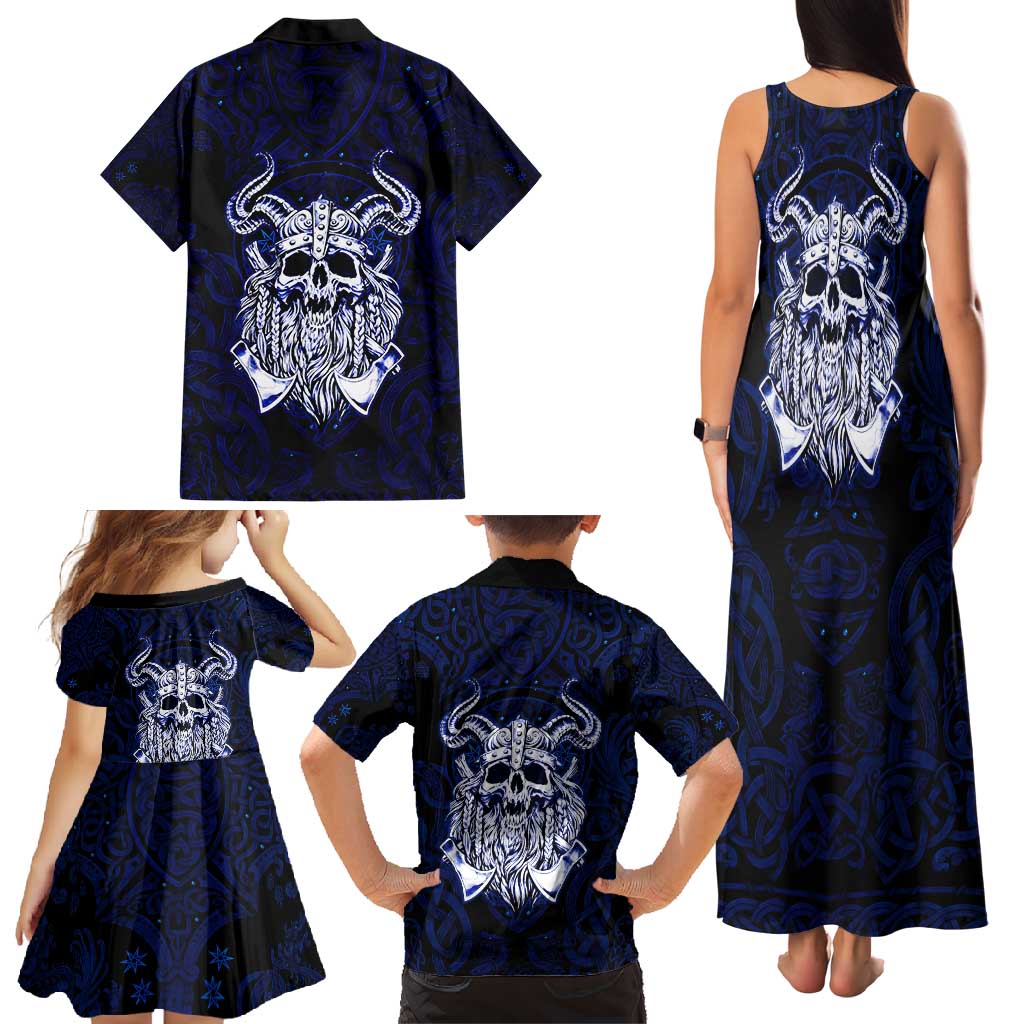 Vikings Skull Family Matching Tank Maxi Dress and Hawaiian Shirt with Horned Helmet, Blue Axes and Runes Norse Warrior Tribute - Wonder Print Shop