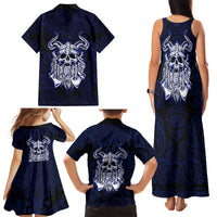 Vikings Skull Family Matching Tank Maxi Dress and Hawaiian Shirt with Horned Helmet, Blue Axes and Runes Norse Warrior Tribute - Wonder Print Shop