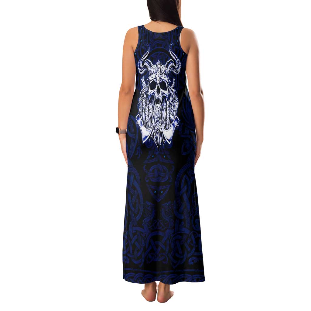 Vikings Skull Family Matching Tank Maxi Dress and Hawaiian Shirt with Horned Helmet, Blue Axes and Runes Norse Warrior Tribute - Wonder Print Shop