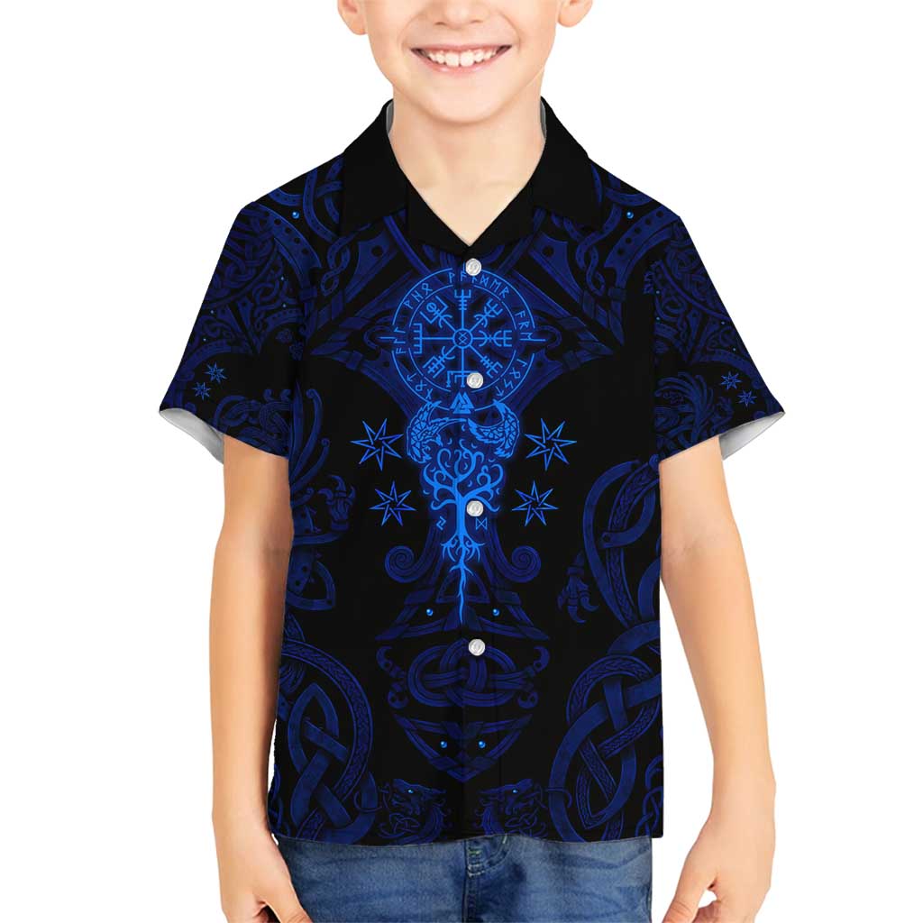 Vikings Skull Family Matching Tank Maxi Dress and Hawaiian Shirt with Horned Helmet, Blue Axes and Runes Norse Warrior Tribute - Wonder Print Shop
