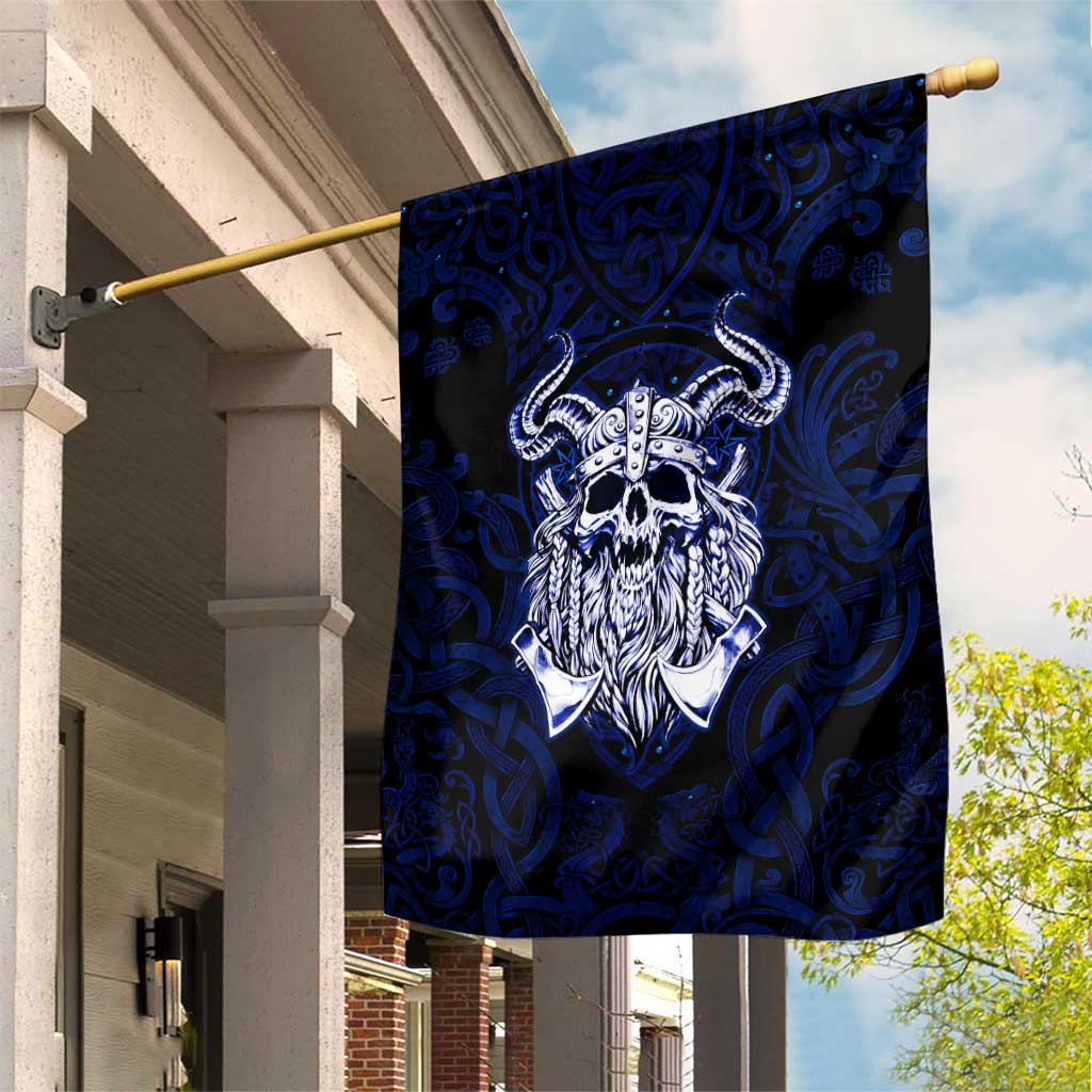 Vikings Skull Garden Flag with Horned Helmet, Blue Axes and Runes Norse Warrior Tribute - Wonder Print Shop