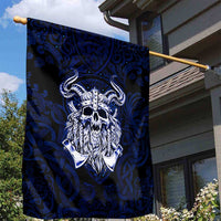 Vikings Skull Garden Flag with Horned Helmet, Blue Axes and Runes Norse Warrior Tribute - Wonder Print Shop