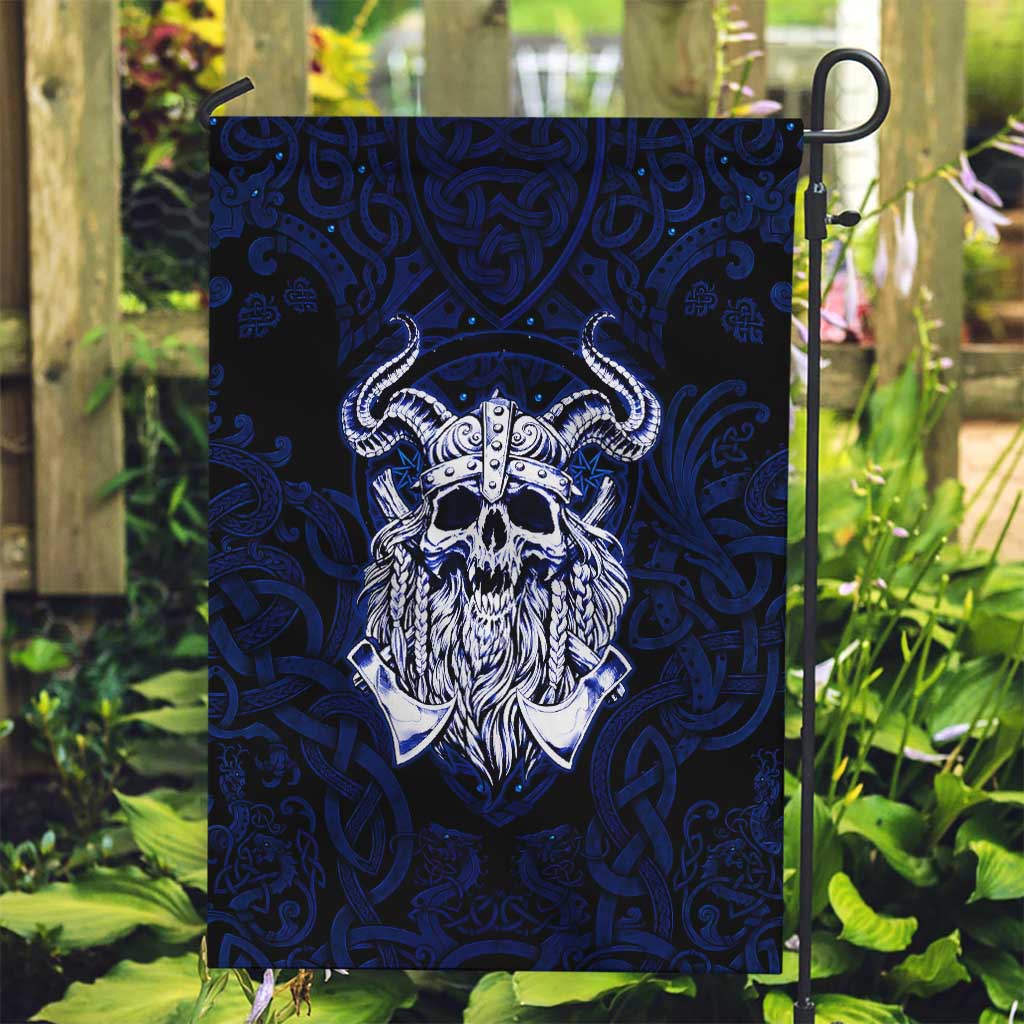 Vikings Skull Garden Flag with Horned Helmet, Blue Axes and Runes Norse Warrior Tribute - Wonder Print Shop