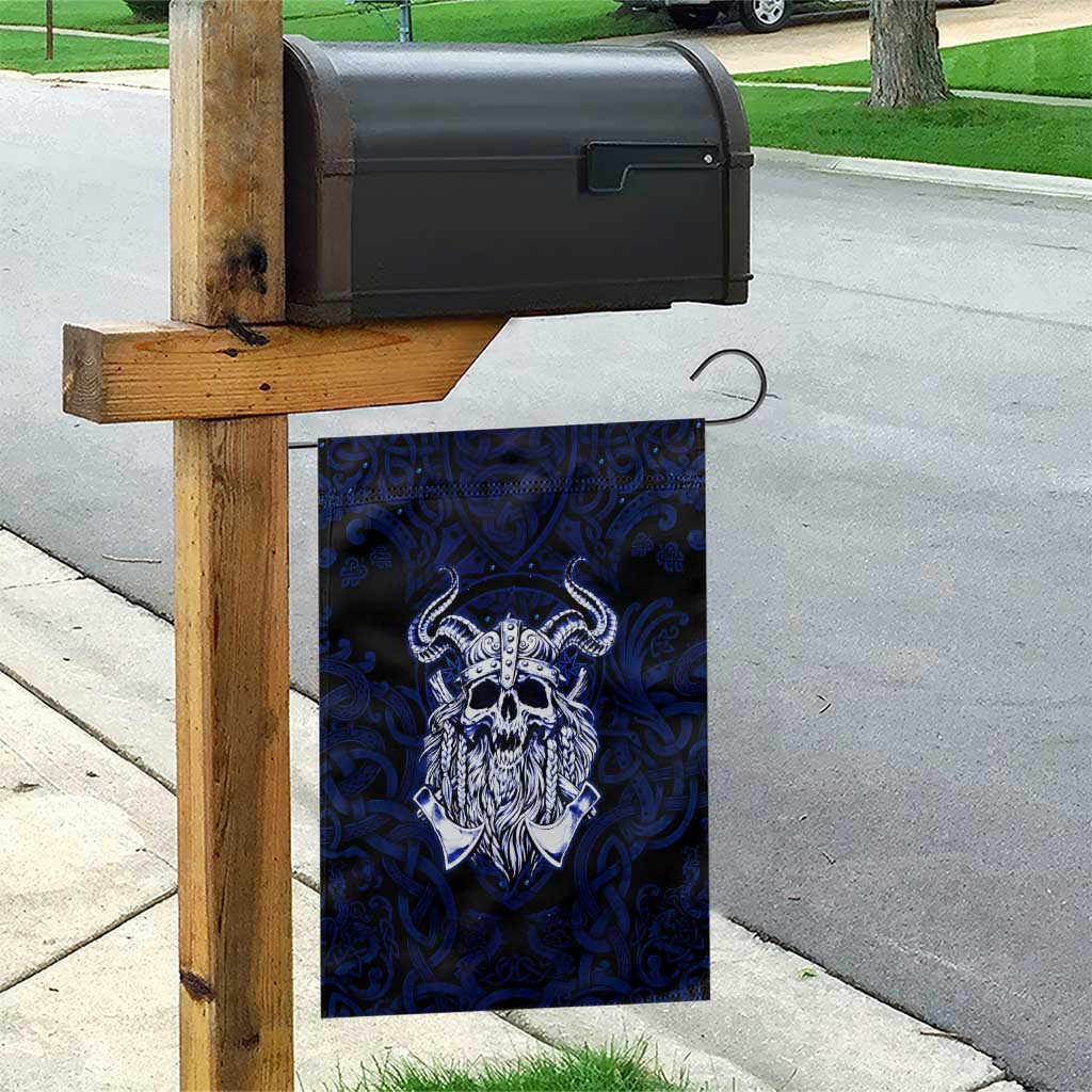 Vikings Skull Garden Flag with Horned Helmet, Blue Axes and Runes Norse Warrior Tribute - Wonder Print Shop
