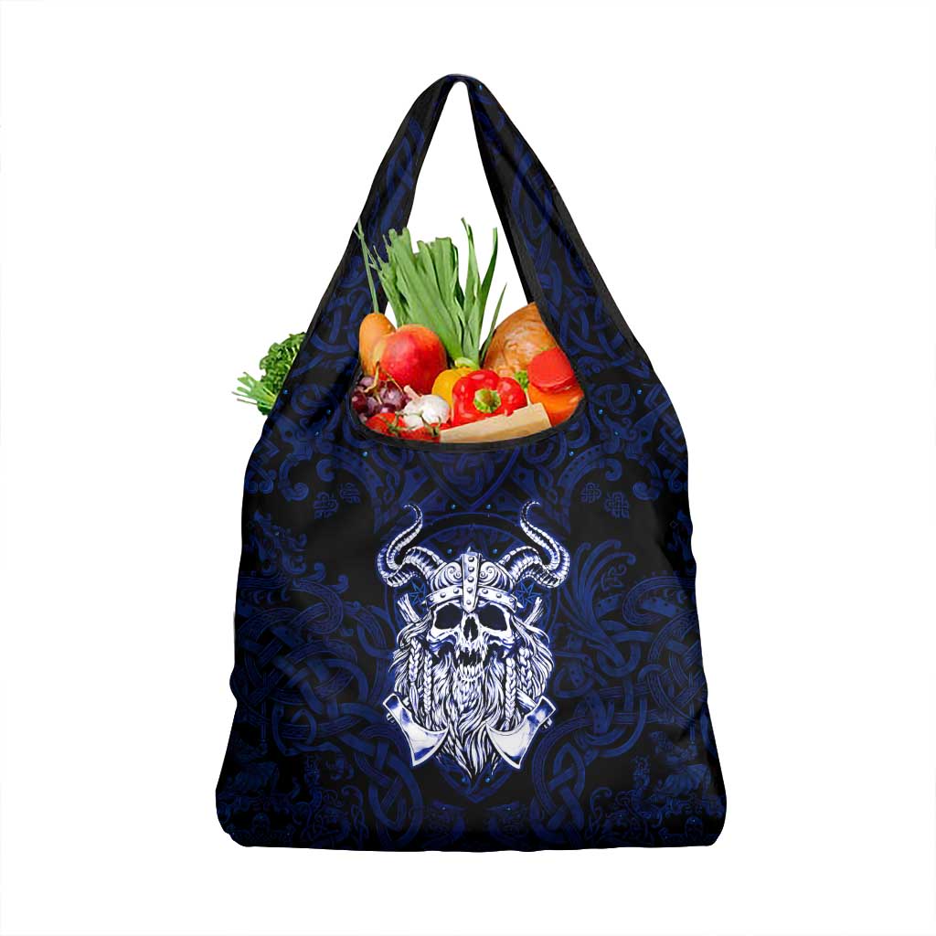 Vikings Skull Grocery Bag with Horned Helmet, Blue Axes and Runes Norse Warrior Tribute - Wonder Print Shop